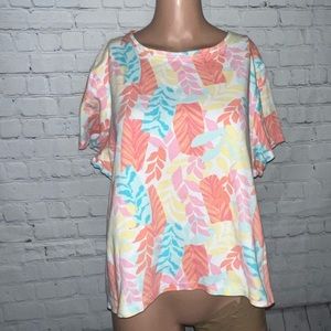 kim rogers perfectly soft pink, blue & yellow floral shirt size PXXL